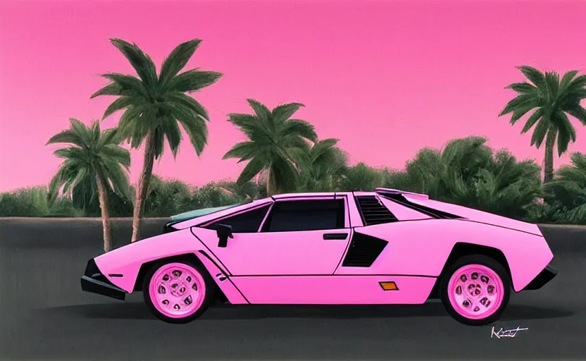 Prompt: lamborghini countach with doors open. palm trees and pink sky in the background. art by krzysztof tanajewski