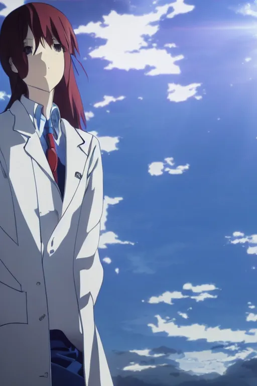 Image similar to Kurisu Makise in flowing lab coat by Akihiko Yoshida and Makoto Shinkai, with backdrop of god rays