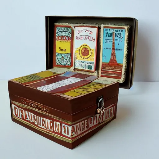 Image similar to vintage craft paper gift box for men, old school, wes anderson style, sealed with old wax