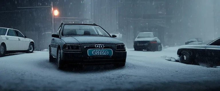 Prompt: Audi A4 B6 Avant (2002), a gritty neo-noir, dramatic lighting, cinematic, eerie person, death, homicide, homicide in the snow, gunshots, establishing shot, extremely high detail, photorealistic, red fog, chaos, arson, burning city, cinematic lighting, artstation, by simon stalenhag, Max Payne (PC) (2001) winter New York at night, In the style of Max Payne 1 graphic novel, flashing lights, Poets of the Fall - Late Goodbye