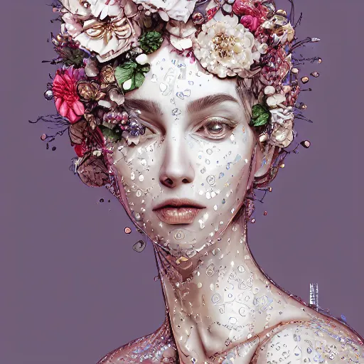 Image similar to the portrait of an absurdly beautiful, graceful, elegant, sophisticated, fashionable young woman made of strawberries and white petals with tears, an ultrafine hyperdetailed illustration by kim jung gi, irakli nadar, intricate linework, bright colors, octopath traveler, final fantasy, unreal engine 5 highly rendered, global illumination, radiant light, detailed and intricate environment