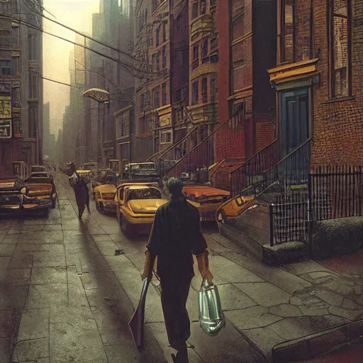 Image similar to a man walking through the lower east side, followed by strange figures he can only half - see. high quality high detail painting by david mattingly and ralph mcquarrie and richard corben, hd, realistic matte painting, photorealistic lighting, modern supernatural urban horror aesthetic.