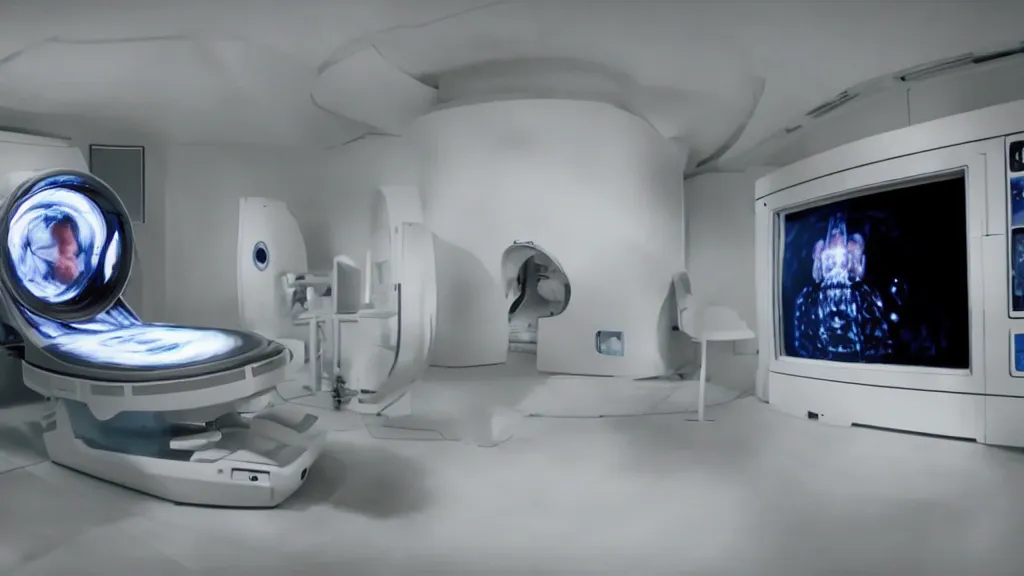 Image similar to an mri image open mri machine portal in the living room, film still from the movie directed by denis villeneuve with art direction by salvador dali, wide lens