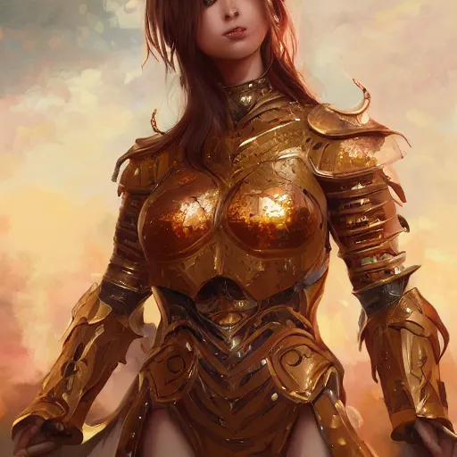 Image similar to portrait knights of Zodiac girl, golden and copper armor, sci-fi, fantasy, intricate, very very beautiful, elegant, highly detailed, digital painting, artstation, concept art, smooth, sharp focus, illustration, art by WLOP and tian zi and artgerm