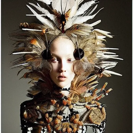 Prompt: a woman with a weird head piece on her head, a flemish Baroque by Alexander McQueen, trending on Pinterest, panfuturism, made of paperclips, made of insects, made of feathers