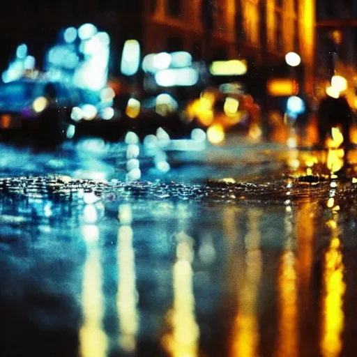 Image similar to zoomed in iphone photo rainy night in the city, reflections, astronaut