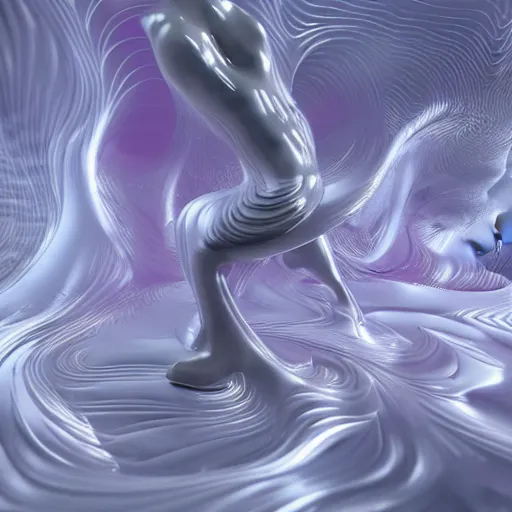 Prompt: 3 d fluid simulation render, octane render, xparticles, white colors, female bodies, white carved abstract sculpture, amethyst mineral quartz, swirly curls, abstract white fluid, golden edges and fractals