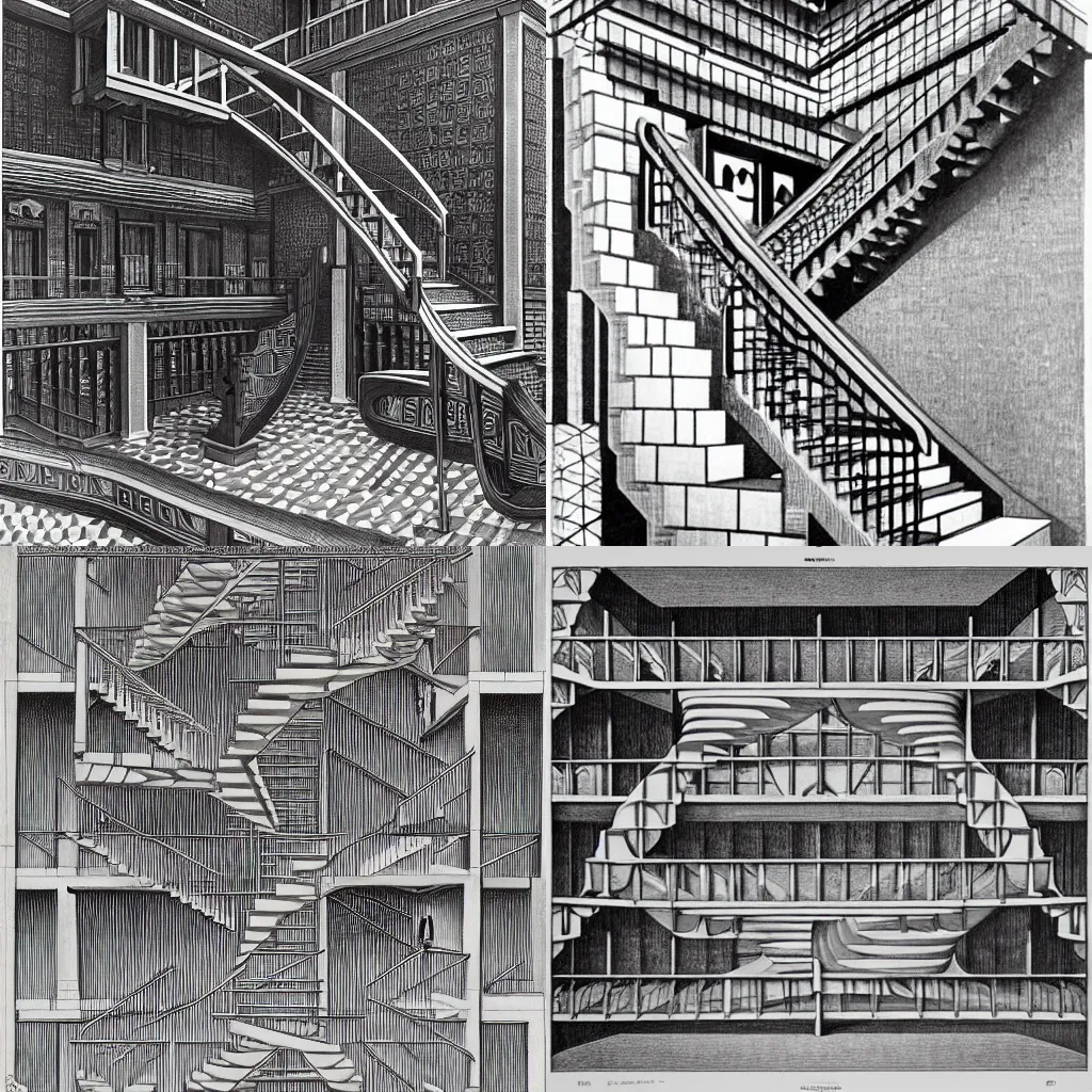 Prompt: Infinite Staircase in a Wetherspoons, geometric art by M.C. Escher, engraving, 1961