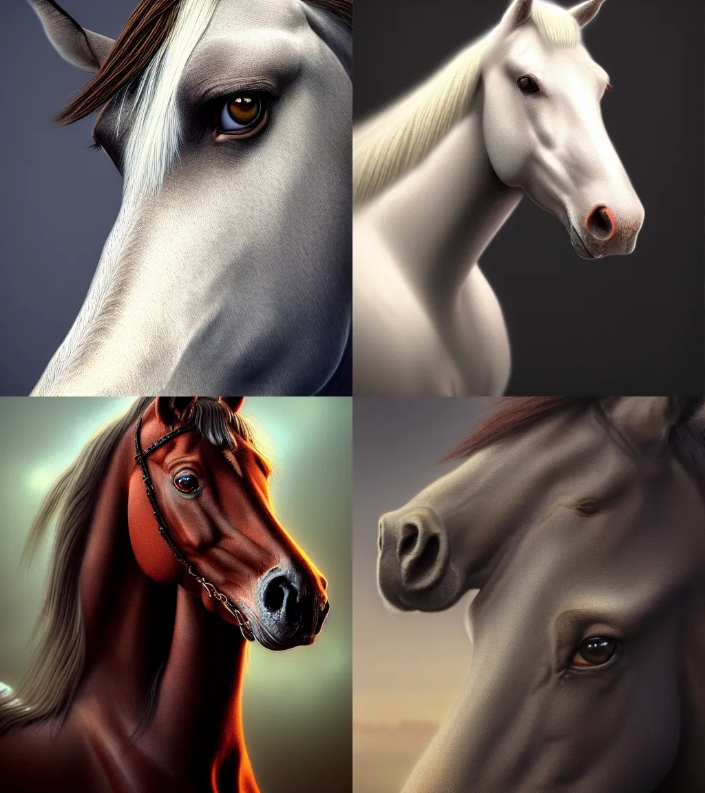 Prompt: fantasy horse portrait, eye contact, Mark Brooks and Brad Kunkle, featured in artstation, octane render, cinematic, elegant, intricate, 8k