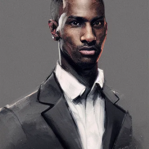 Image similar to Portrait of a black man by Greg Rutkowski, he is about 30 years old, short hair, manly, attractive, smart looking, tall and slim, he is wearing a utilitarian gray and black jumpsuit, highly detailed portrait, scifi, digital painting, artstation, concept art, smooth, sharp foccus ilustration, Artstation HQ