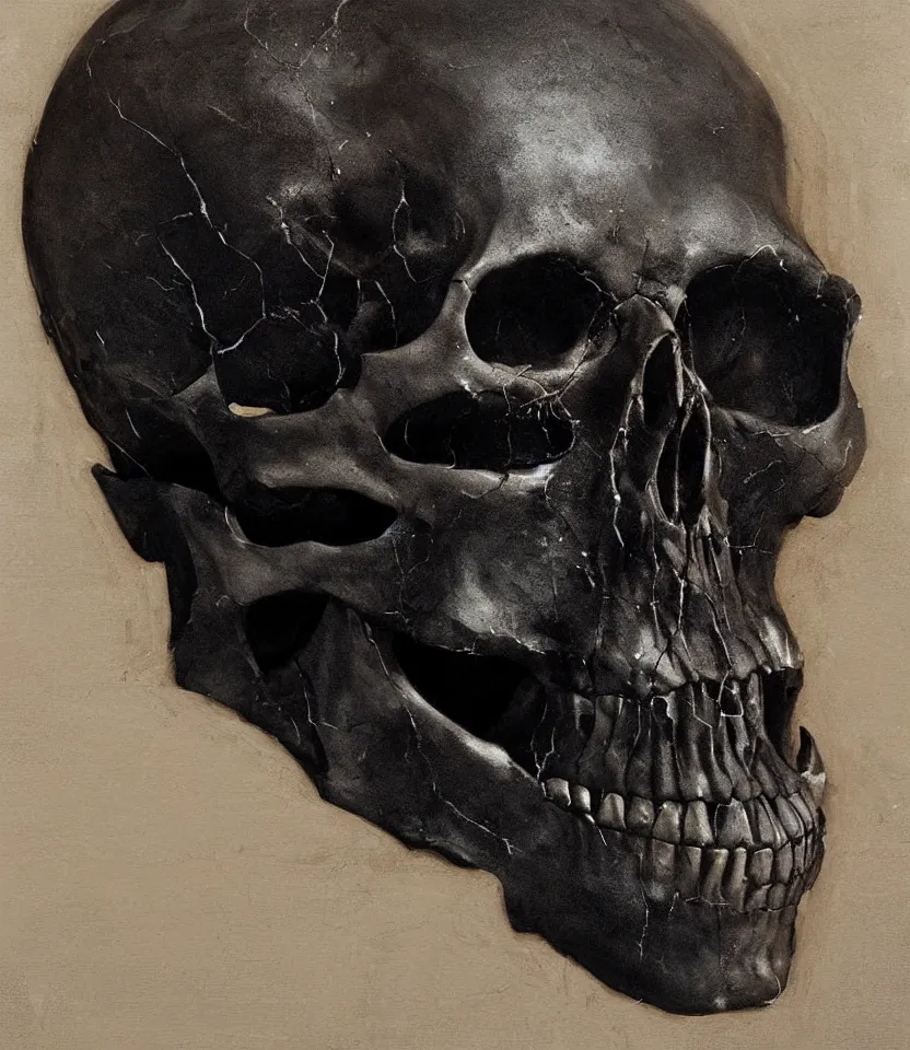 Image similar to the painting of a black iron skull by Nicola Samori, artstation, realistic, academic light,