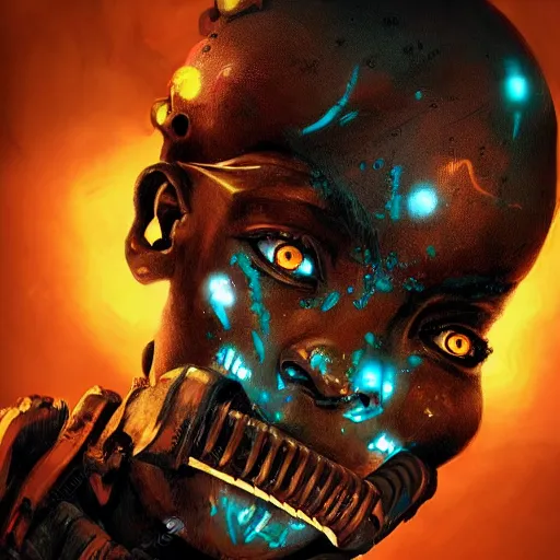 Image similar to a dark and ominous cyborg african child soldier with glowing eyes and facial scarification marks, Apex Legends character digital illustration portrait design, by android jones and greg rutkowski in a cyberpunk voodoo style, synthwave color scheme, detailed, cinematic lighting, wide angle action dynamic portrait