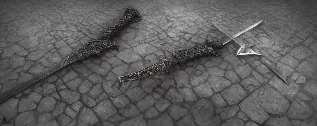 Image similar to long sword, black skull sword guard sword, steel, sword, crystals, engravings, forged, blacksmith product design, jewelry, art by gerald brom, greg rutkowski and artgerm and james jean and zdzisław beksinski, 8 k, unreal engine, c 4 d