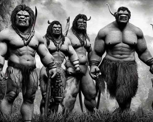 Image similar to hyper realistic group vintage photograph of a live action warcraft orc warrior tribe in the jungle, tall, hulk like physique, detailed faces, tribal paint, tribal armor, grain, old, monochrome, sepia toned, realistic lighting, wide angle