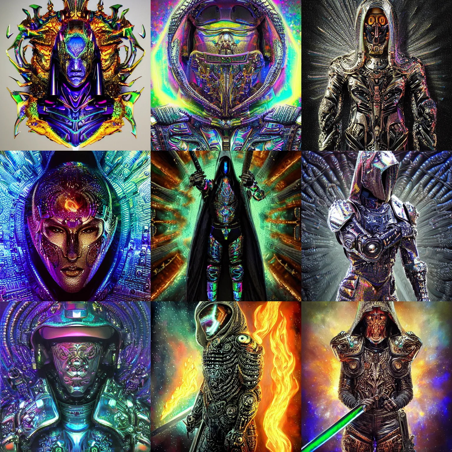 Prompt: Realist highly intricate dark iridescent subtle detailed painting of a powerful hooded badass divine royal omnipotent being wearing body armor and brandishing a precious futuristic cosmic sword of vivid iridescent flame, realistic human face, realistic biomechanical complex torso encrusted in iridescent gleaming 3D render processor microchips, high quality, symmetry, rich style, iridescent smoke behind, crystallic megastructure background, galaxies, universe, artstation, iridescent, badass, galactic deity, dark ominous stealth, depth of field, award winning on artstation, artgerm
