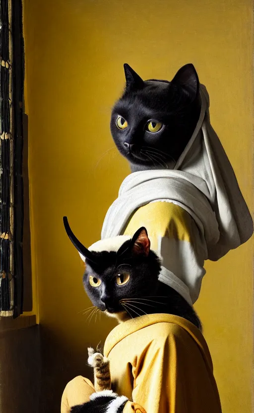 Image similar to a bipedal cat that has goat horns, anthropomorphic cat that is wearing robes, oil painting, by johannes vermeer, dnd, character reveal, cosmic, magical, fog, noble, full body portrait, intricate, ornate, extremely detailed, cult, ritual, 4 k, 8 k