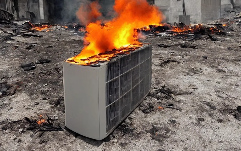 Image similar to evil ac unit made of fire, post apocalyptic, global warming