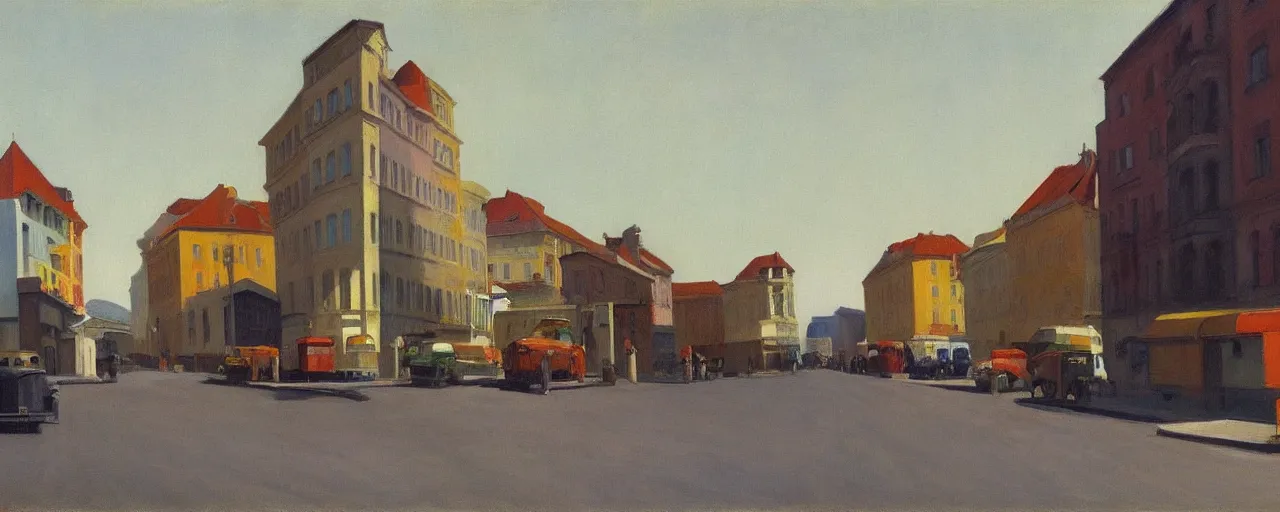 Prompt: an edward hopper style painting of a busy road of ( ( ( ( ( ( ( ( gyor ) ) ) ) ) ) ) ) in hungary, spring, april of 1 9 4 8