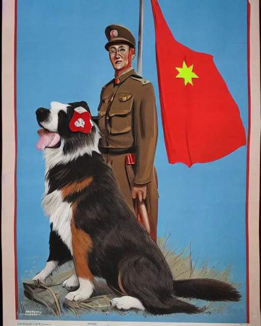 Prompt: communist propaganda poster of an australian shepherd soldier, communist china art