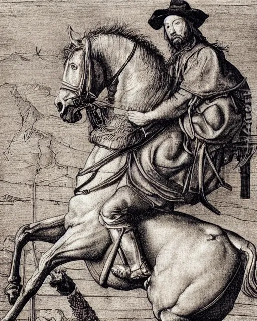 Image similar to man on horse, fine details, photorealistic, intricate complexity, extremely detailed, very sharp, in the style of albrecht durer,