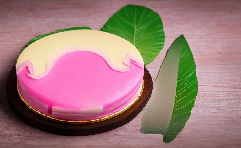 Image similar to A photo of a swedish princess cake from the side on a wooden table, covered with pink marzipan, some powder sugar and a green marzipan leaf in the center. Sunset. 4K. Cinematic lighting. High detail. Realistic. Delicious.