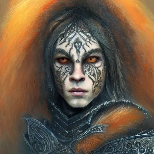 Image similar to portrait painting of an elven young man with short light orange hair and tribal tattoos on his face wearing fur armor, sharp focus, award - winning, trending on artstation, masterpiece, highly detailed, intricate. art by seb mckinnon