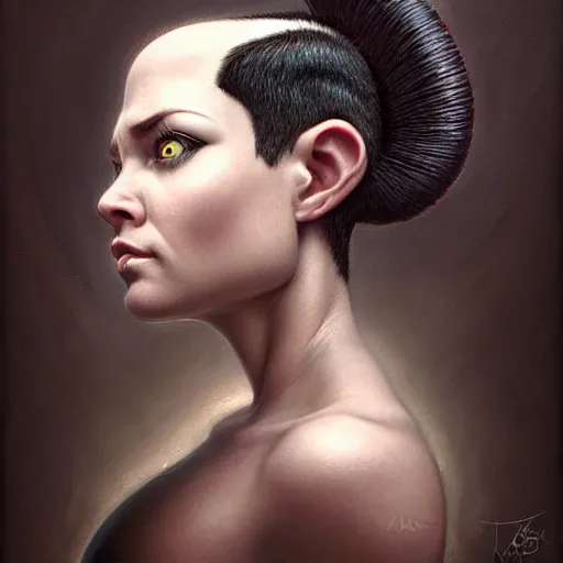 Prompt: portrait of a beautiful cute realistic determined female gnome engineer, black pixie undercut haircut, charming, intense stare, micro detail, intricate, elegant, highly detailed, centered, artstation, sharp focus, illustration, artgerm, tomasz alen kopera, peter mohrbacher, donato giancola, wlop