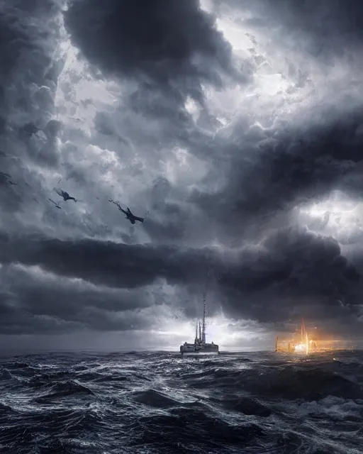 Prompt: establishing shot of a fishing boat on stormy seas, a gigantic star destroyer spaceship in the storm clouds flying overhead, star destroyer spaceship is emerging from storm clouds, stormy weather, dramatic lighting, unreal engine, hyper realism, realistic shading, cinematic composition, realistic render, octane render, detailed textures, photorealistic, ultrawide shot, 16mm lens