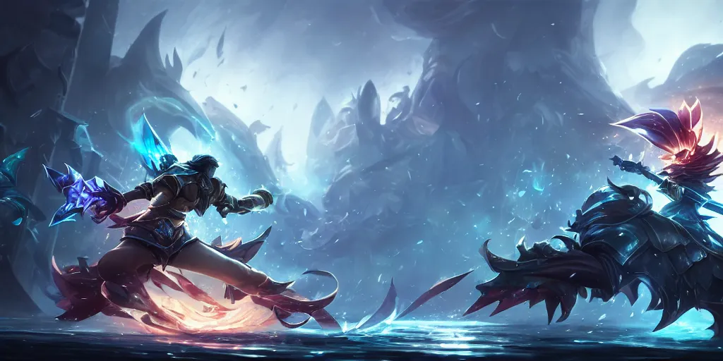 Image similar to amazing epic screen of two swordman combat, league of legends splash art, deiv calviz, splash art, natural light, elegant, intricate, fantasy, atmospheric lighting, by greg rutkowski, league of legends splashscreen artwork, hd wallpaper, ultra high details