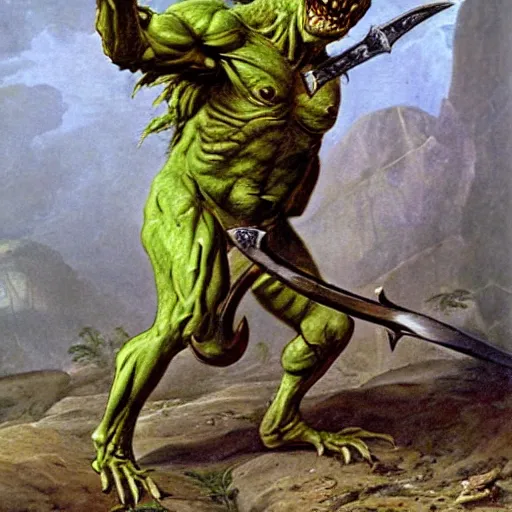 Image similar to dog - faced muscular goblin, ugly face, lizard tail, holding scimitar made of bone, scimitar, sword, jagged sword, curved sword, orkish sword, colorized, green skin, hyper - detailed, primeval fantasy, prehistoric fantasy, art by jacques - louis david