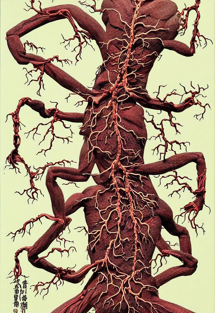 Prompt: prompt: anatomy dissection drawing veins and organs human shaped tree character drawn by Takato Yamamoto, bonsai anatomy atlas, veins and organs attached to tree roots, alchemical objects inspired by 1980's sci-ci, old experimentation cabinet, intricate oil painting detail, manga 1980