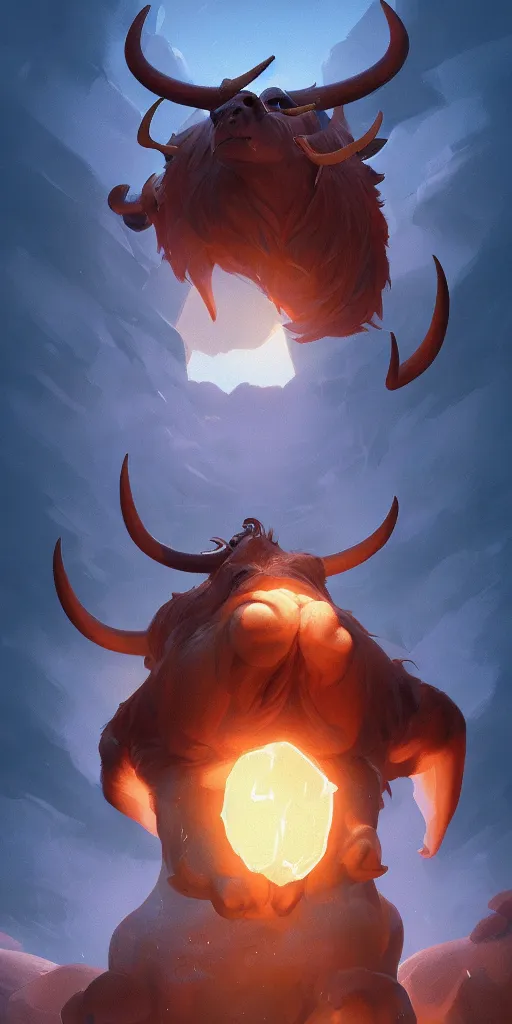 Image similar to portrait of a minotaur, an antropomorphic creature with a bull face, dark hair, mattepainting concept blizzard pixar maya engine on cold night stylized background splash comics global illumination lighting artstation lois van baarle, ilya kuvshinov, rossdraws