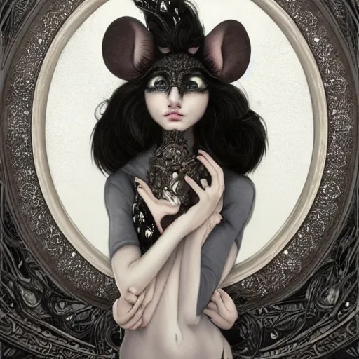 Image similar to a photograpic portrait of a anthropomorphic mouse wearing black clothes, black hair, grey skin, grey mouse ears, fantasy, intricate, elegant, highly detailed, digital painting, artstation, smooth, sharp focus, illustration, art by artgerm and H R Giger and alphonse mucha