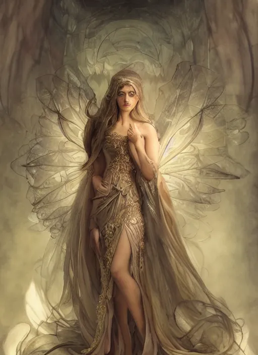 Image similar to fairy foreteller in princess iridescent dress, physically accurate, moody dynamic lighting, very very intricate, very very elegant, highly detailed, digital painting, artstation, HR GIGER, Hieronymus Bosch, Francis Bacon, concept art, smooth, very beautiful, sharp focus, illustration, art by artgerm and greg rutkowski and alphonse mucha