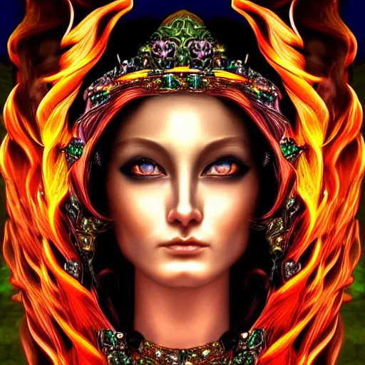 Image similar to perfectly centered close up portrait of goddess of fire, candid photography, by anne stokes, highly detailed