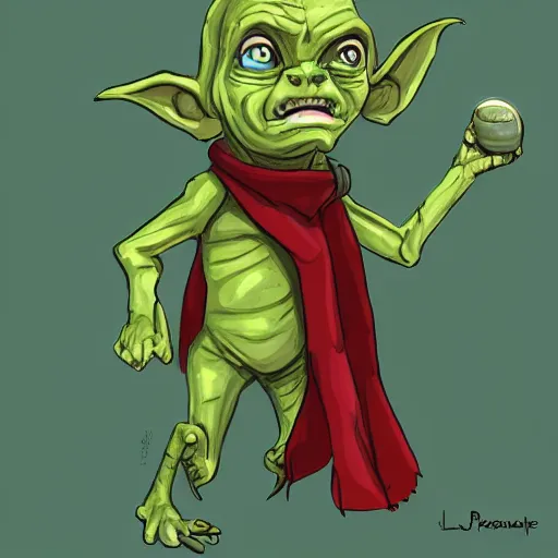 Image similar to Cute Goblin Cleric Girl with large expressive eyes and a red scarf, hatched ear, green skin, by Luke Pearson, Cornelia Geppert, digital illustration, comic style, cartoon style, concept art