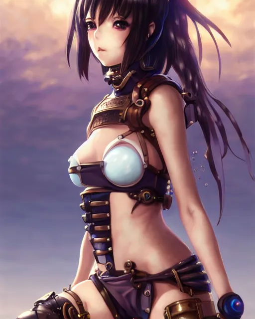 Image similar to portrait Anime Girl in bikini armor steampunk cute-fine-face, pretty face, realistic shaded Perfect face, fine details. Anime. Bioshock steampunk realistic shaded lighting by katsuhiro otomo ghost-in-the-shell, magali villeneuve, artgerm, rutkowski Jeremy Lipkin and Giuseppe Dangelico Pino and Michael Garmash and Rob Rey
