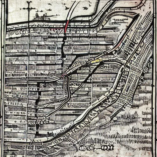 Image similar to map of the new york subway system, woodcut by albrecht durer 1 5 0 9