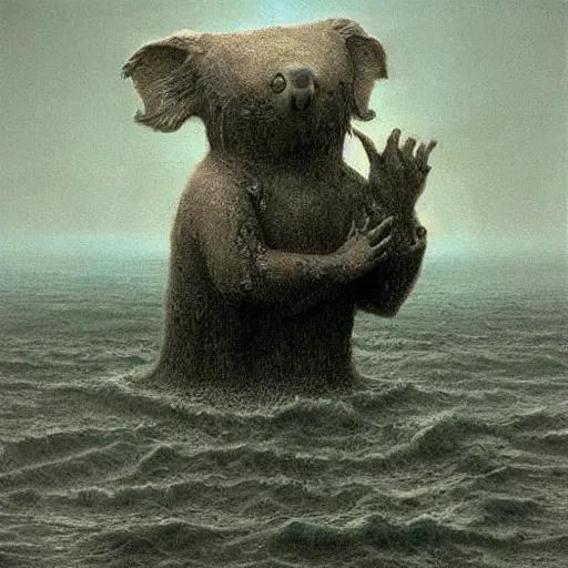Prompt: sea koala beksinski, eldritch, apocalypse, creepy creature, horror spooky