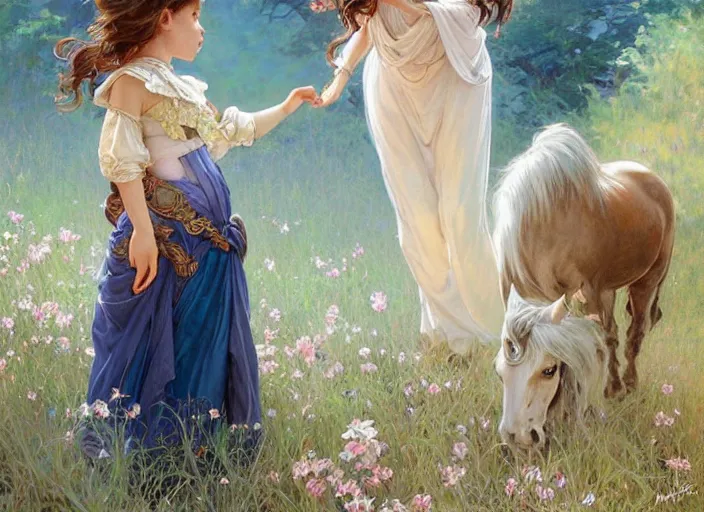 Image similar to a cute little girl with curly light brown hair and blue eyes meeting an elegant unicorn, beautiful fantasy painting by artgerm and greg rutkowski and alphonse mucha