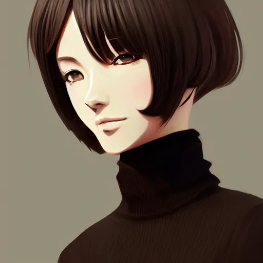 Prompt: anime girl in black turtleneck, brown coat, elegant, 2d, ultra highly detailed, digital painting, smooth, sharp focus, artstation, portrait art by Ilya Kuvshinov