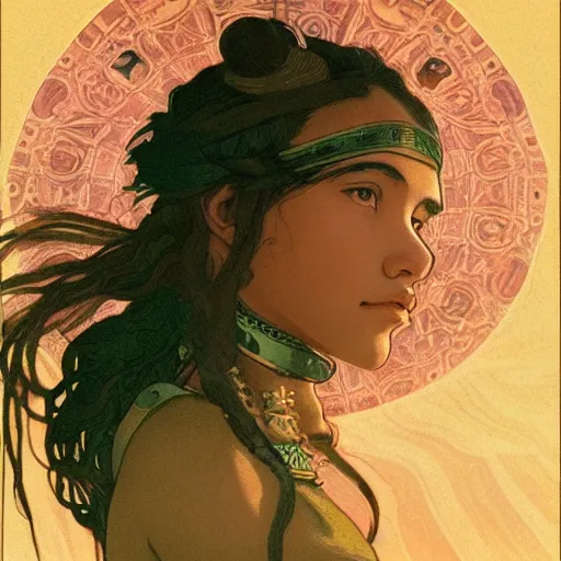 Image similar to a little warrior girl sitting on top of one giant turtle with a wise face that is walking in the desert. the girl has dark skin and beautiful green eyes, realistic full body and a very beautiful detailed symmetrical face with long black hair. diffuse light, dramatic sky and landscape, long shot fantasy illustration by mucha