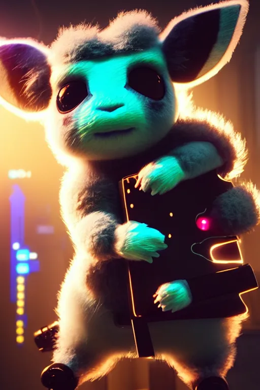 Image similar to high quality 3 d render very cute fluffy! cyborg cow plays guitar, cyberpunk highly detailed, unreal engine cinematic smooth, in the style of blade runner & detective pikachu, hannah yata charlie immer, moody light, low angle, uhd 8 k, sharp focus