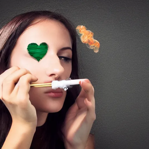 Image similar to pretty girl smoking a dab of concentrates and blowing a heart-shaped smoke ring