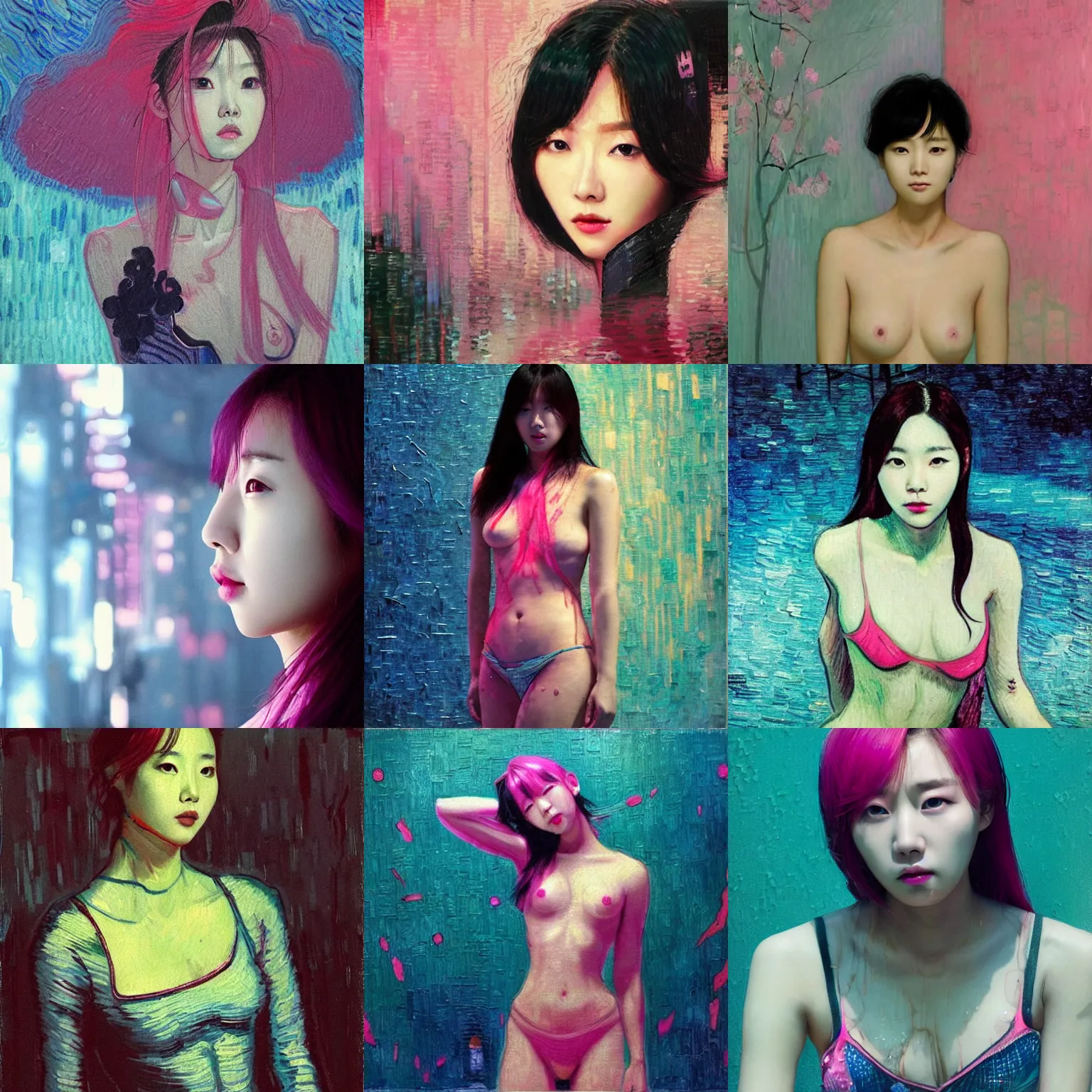 Prompt: lee jin - eun emerging from pink water in cyberpunk theme by vincent van gogh, rule of thirds, seductive look, beautiful