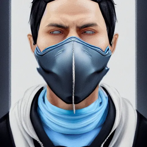 Image similar to a highly detailed, portrait of a man with black hair with a black medical mask, in a hood in the form of a blue shark with white teeth, artstation, DeviantArt, professional, octane render, digital art