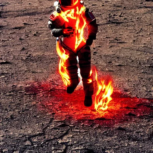 Prompt: an astronaut that’s on fire walking through a dystopian desert