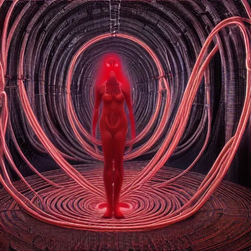 Prompt: photo of a woman wrapped around by tubes and cables, glowing red, by Edgar Maxence and Ross Tran, Zdzisław Beksiński, and Michael Whelan, distant, gustav dore, H.R. Giger, 8k, octane render