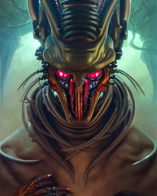 Image similar to a portrait of the predator fantasy character portrait, ultra realistic, cinematic, concept art, wide angle, intricate details, hologram, highly detailed by peter mohrbacher, boris vallejo, hajime sorayama aaron horkey, gaston bussiere, craig mullins