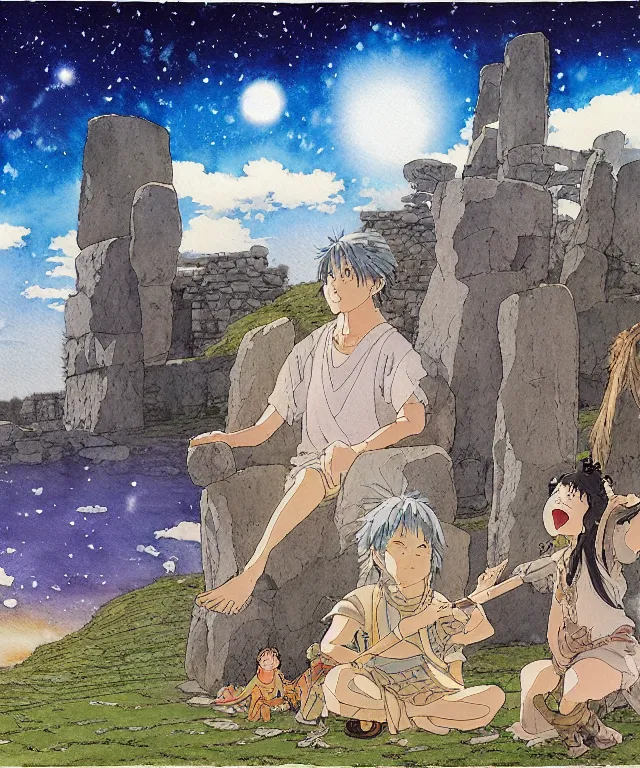 Prompt: a hyperrealist studio ghibli watercolor fantasy concept art. in the foreground is a giant long haired grey sasuatch sitting in lotus position on top of stonehenge with shooting stars all over the sky in the background. by rebecca guay, michael kaluta, charles vess